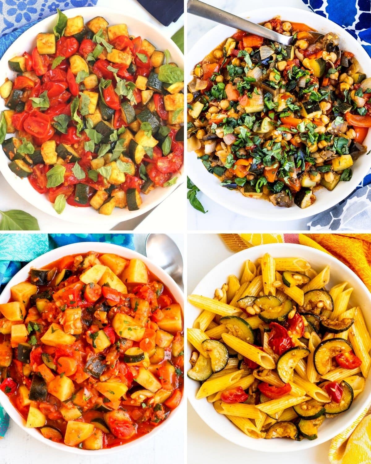Four savory vegan zucchini recipes: Mediterranean tomato and zucchini saute, roasted chickpea ratatouille casserole, zucchini stew with potatoes, and Mediterranean penne with zucchini and pine nuts.