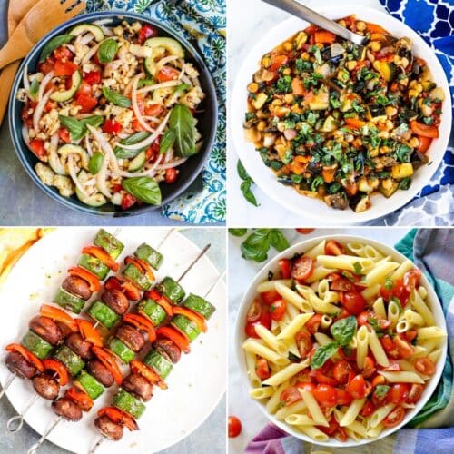 Grilled corn salad, roasted chickpea ratatouille, grilled veggie kabobs, and penne with no-cook tomato sauce.