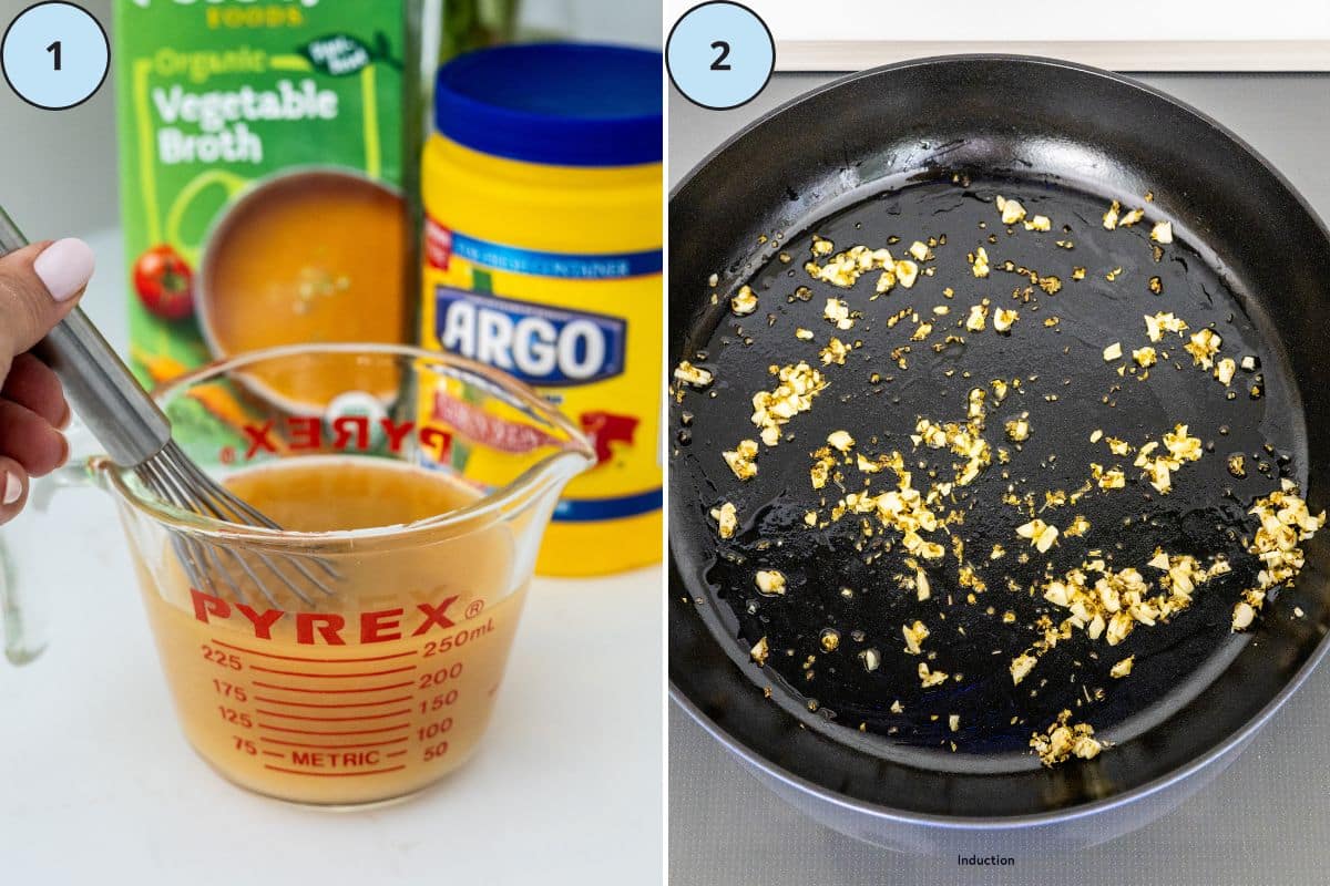 Steps 1 and 2: Whisking together cornstarch and vegetable broth; Sauteing garlic and dried oregano in olive oil in a large skillet.