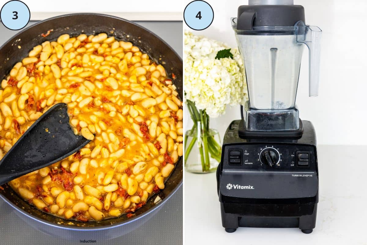 Steps 3 and 4: Stirring white beans, sun-dried tomatoes, and vegetable broth mixture; Making the cashew cream in a high-speed blender.