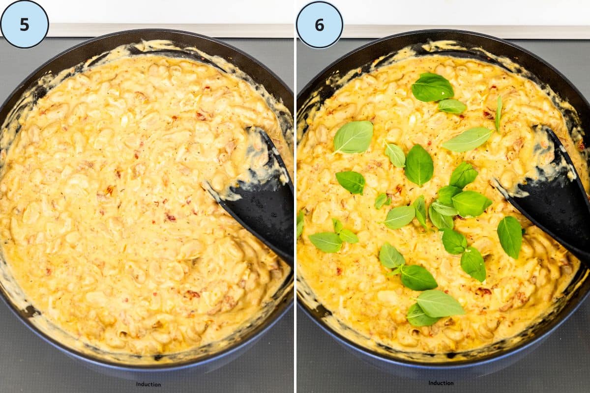 Steps 5 and 6: Stirring in the cashew cream and lemon juice; The finished white bean skillet garnished with fresh basil leaves.