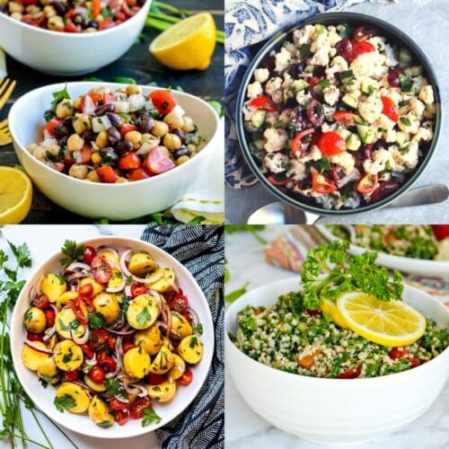 Bowls of balela bean salad, Mediterranean cauliflower salad, Italian potato salad, and quinoa tabbouleh salad.