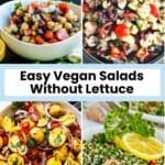 Bowls of balela bean salad, Mediterranean cauliflower salad, Italian potato salad, and quinoa tabbouleh salad, with text overlay: Easy Vegan Salads Without Lettuce.