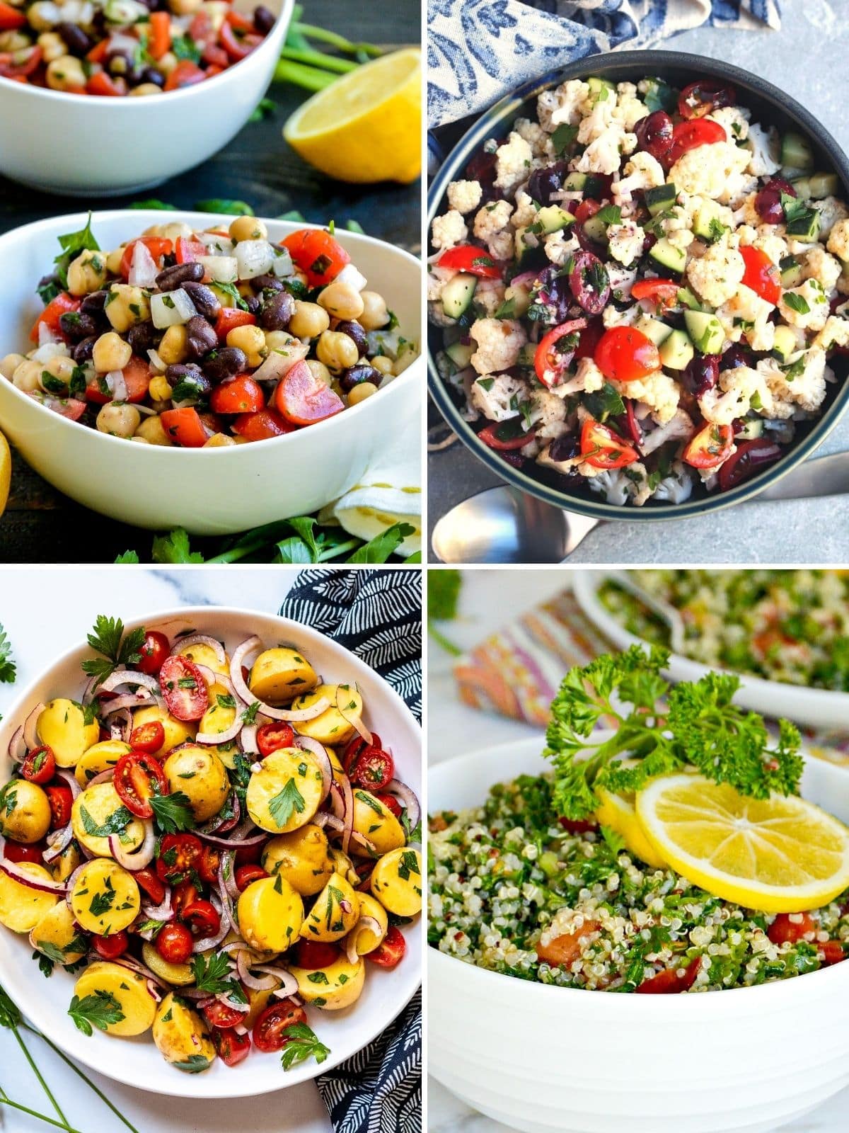 Bowls of balela bean salad, Mediterranean cauliflower salad, Italian potato salad, and quinoa tabbouleh salad.