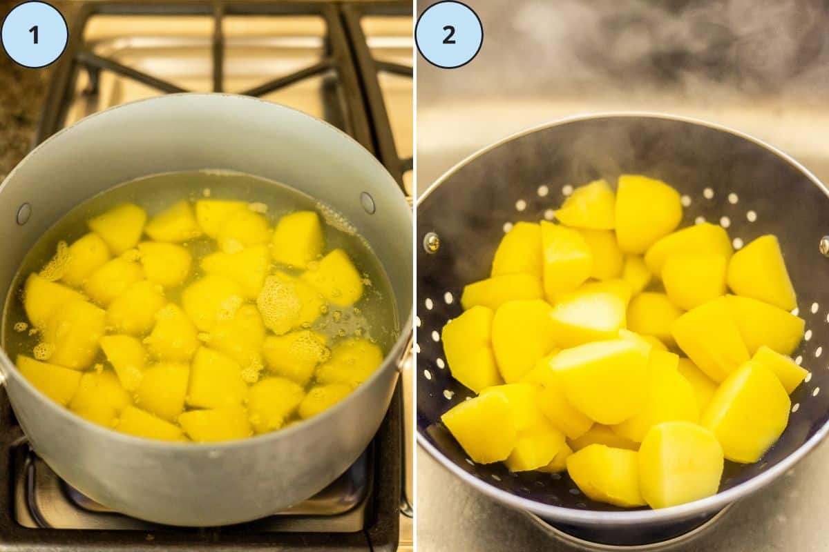 Boiling the potatoes and draining them in a colander in the sink.