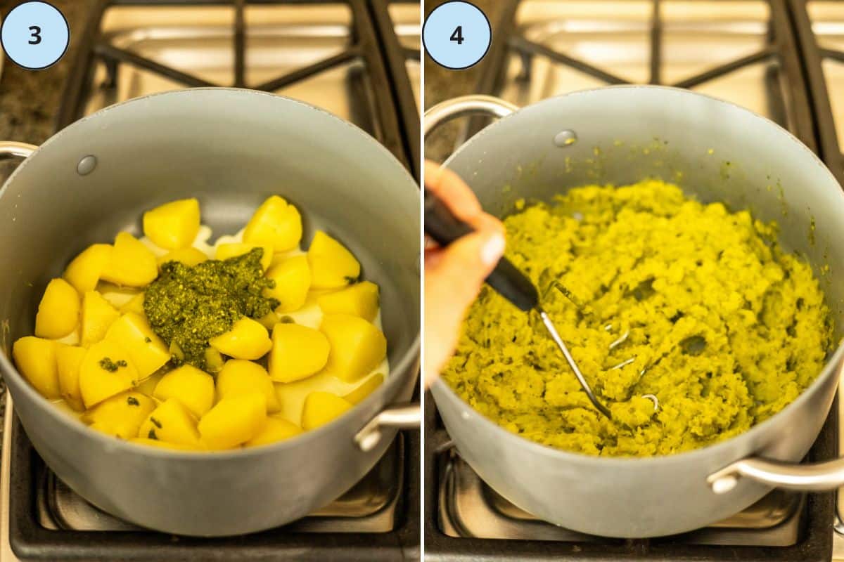 Adding the pesto, non-dairy milk, and seasonings to the potatoes, and mashing them with a potato masher.