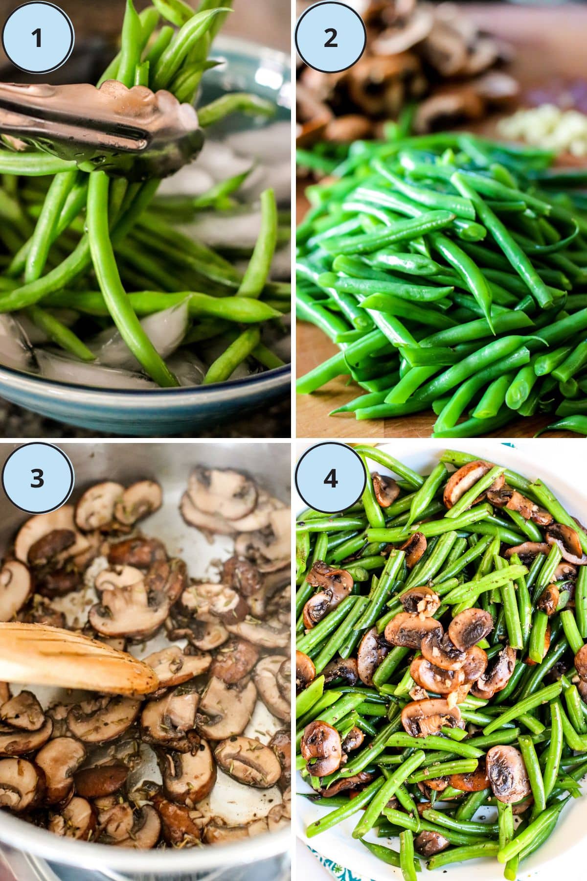 How to make this recipe: step 1, adding the blanched green beans to an ice bath; step 2, the sliced blanched green beans on a cutting board; step 3, sauteing the sliced mushrooms,; and step 4. the finished sauteed green beans with mushrooms on a serving dish.