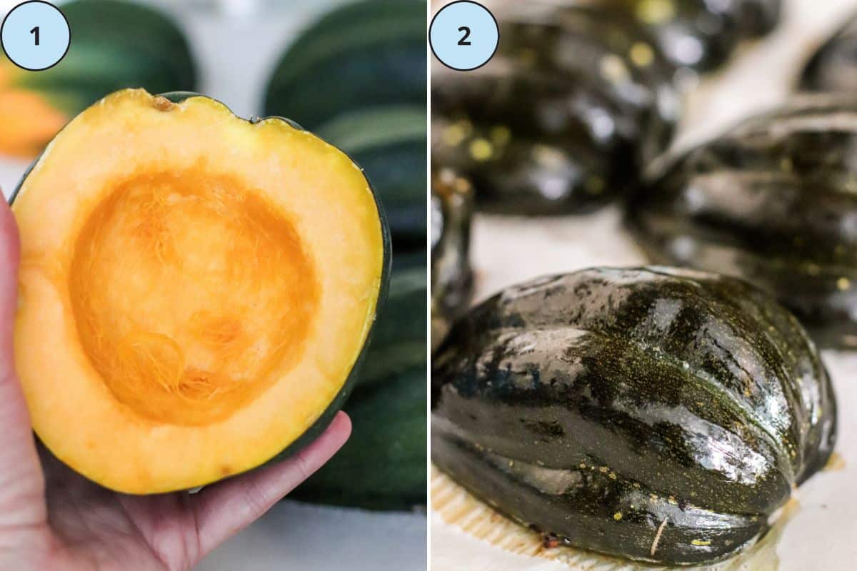 Half an acorn squash with the seeds removed and the squash halves cut side down roasting on a baking sheet.