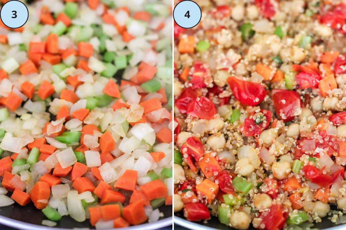 Onion, garlic, carrots, and celery sauteing in a skillet, and the filling with the quinoa, tomatoes, and herbs folded in.